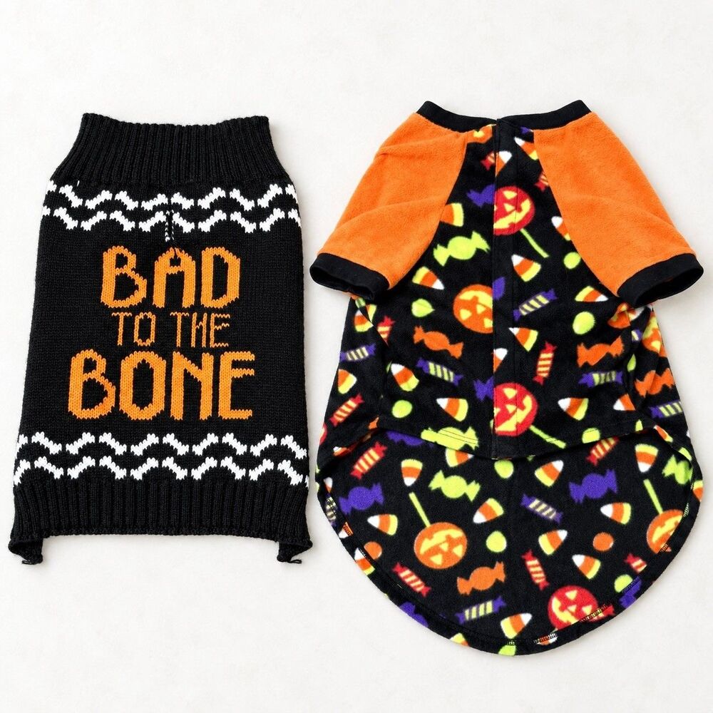 Halloween Dog Clothes Lot 2 Sweater Fleece Costume M L Candy Bad to Bone